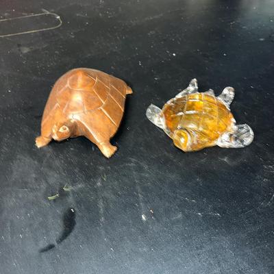 Sale Photo Thumbnail #460: Carved wood turtle and blown glass turtle figurines - see pics for details