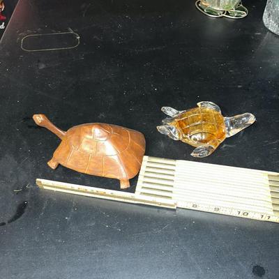 Sale Photo Thumbnail #463: Carved wood turtle and blown glass turtle figurines - see pics for details
