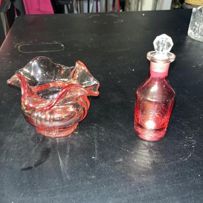 Sale Photo Thumbnail #469: Pink Fenton glass bowl and pink vintage perfume bottle