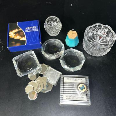 Sale Photo Thumbnail #476: Set of 3 crystal candle holders, LED tea lights, tiny mirrors and set of coasters
