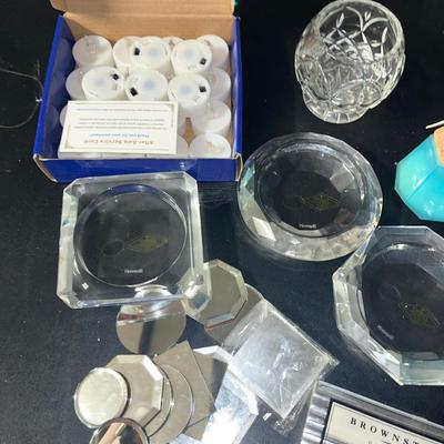Sale Photo Thumbnail #477: Set of 3 crystal candle holders, LED tea lights, tiny mirrors and set of coasters