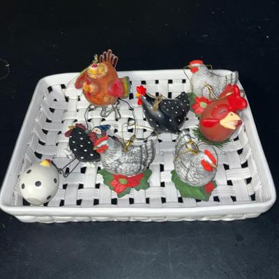Sale Photo Thumbnail #479: Woven ceramic basket and assortment of holiday chicken ornaments