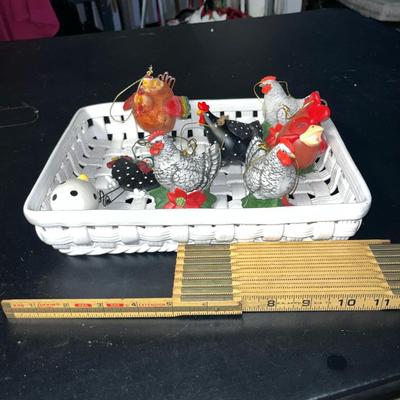 Sale Photo Thumbnail #480: Woven ceramic basket and assortment of holiday chicken ornaments