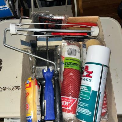 Sale Photo Thumbnail #521: Box of paint supplies - brushes, rollers, drop cloth, chemicals and more