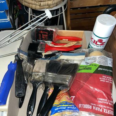 Sale Photo Thumbnail #522: Box of paint supplies - brushes, rollers, drop cloth, chemicals and more