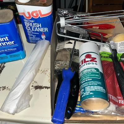 Sale Photo Thumbnail #523: Box of paint supplies - brushes, rollers, drop cloth, chemicals and more