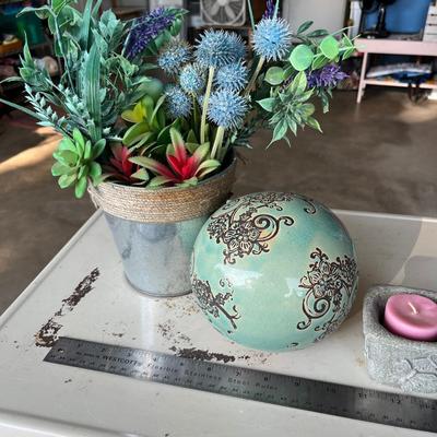 Sale Photo Thumbnail #542: Floral arrangement, decorative ball and candle holder
