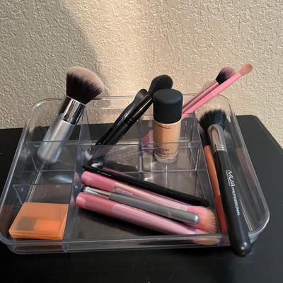 Sale Photo Thumbnail #586: Clear organizer tray with makeup brushes and MAC foundation