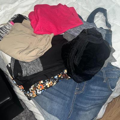 Sale Photo Thumbnail #608: Overall jean shorts, couple of tops, few pairs of leggings, and several skirts - almost all size large and XL