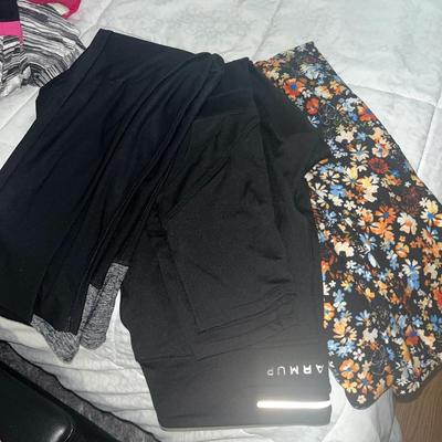 Sale Photo Thumbnail #614: Overall jean shorts, couple of tops, few pairs of leggings, and several skirts - almost all size large and XL