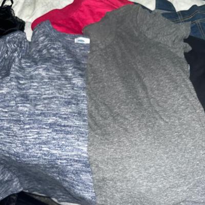Sale Photo Thumbnail #610: Overall jean shorts, couple of tops, few pairs of leggings, and several skirts - almost all size large and XL