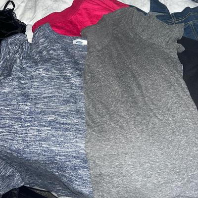 Sale Photo Thumbnail #611: Overall jean shorts, couple of tops, few pairs of leggings, and several skirts - almost all size large and XL