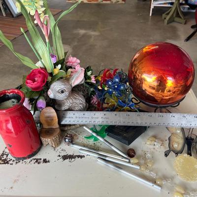 Sale Photo Thumbnail #641: Rabbit floral arrangement, gazing ball w/metal stand, solar lights, butterfly windchime and more