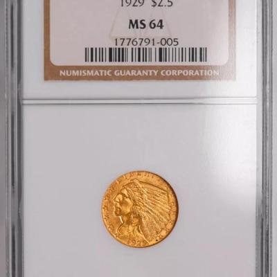 1929 $2.5 Dollar Gold Indian Head Liberty Quarter Eagle Coin NGC MS-64