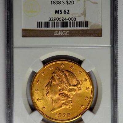 1898 S $20 NGC MS62 LIBERTY HEAD GOLD DOUBLE EAGLE GRADED COIN BULLION !