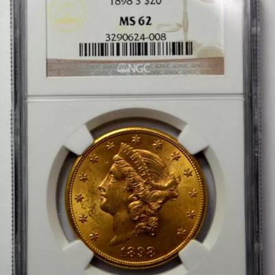 1898 S $20 NGC MS62 LIBERTY HEAD GOLD DOUBLE EAGLE GRADED COIN BULLION !