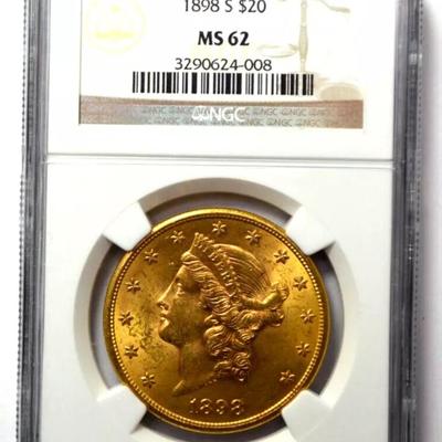 1898 S $20 NGC MS62 LIBERTY HEAD GOLD DOUBLE EAGLE GRADED COIN BULLION !