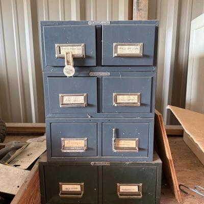 Sale Photo Thumbnail #2: Industrial metal storage drawers labeled for hardware and components. Perfect for garages, workshops, or craft storage.