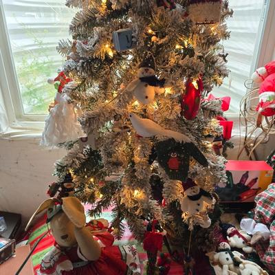 Whimsical Holiday Décor Lot – Snow flocked 4' Tree, Santa & Mrs. Dolls, Stockings & MUCH More!
