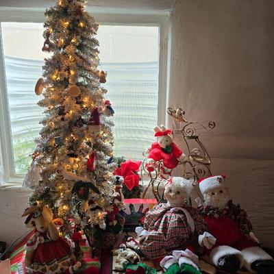 Whimsical Holiday Décor Lot – Snow flocked 4' Tree, Santa & Mrs. Dolls, Stockings & MUCH More!