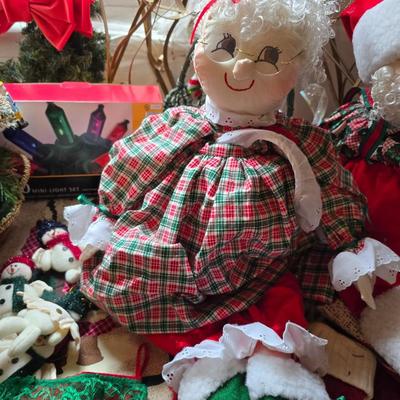 Whimsical Holiday Décor Lot – Snow flocked 4' Tree, Santa & Mrs. Dolls, Stockings & MUCH More!