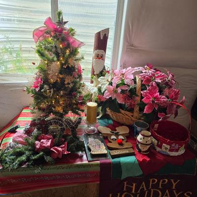 Holiday Cheer Décor Lot – Small Tree adorned with bows and more, Faux Poinsettias, Santa & More! Light up JOY