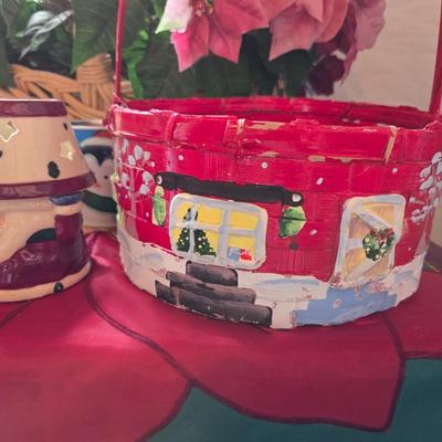 Holiday Cheer Décor Lot – Small Tree adorned with bows and more, Faux Poinsettias, Santa & More! Light up JOY