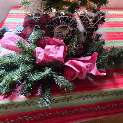 Holiday Cheer Décor Lot – Small Tree adorned with bows and more, Faux Poinsettias, Santa & More! Light up JOY