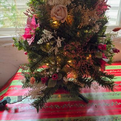 Holiday Cheer Décor Lot – Small Tree adorned with bows and more, Faux Poinsettias, Santa & More! Light up JOY