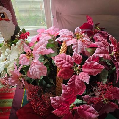 Holiday Cheer Décor Lot – Small Tree adorned with bows and more, Faux Poinsettias, Santa & More! Light up JOY