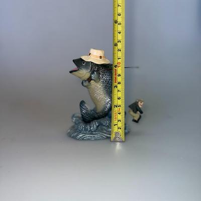 Sale Photo Thumbnail #51: Large-mouth bass with a hat and fishing pole. Humorous and detailed resin sculpture.