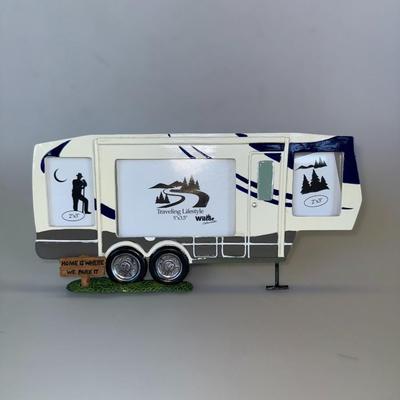 Sale Photo Thumbnail #53: Shaped like a 5th-wheel RV with three photo slots. Reads “Home is Where We Park It.”