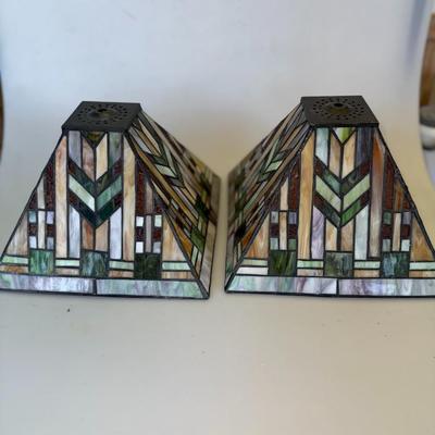 Sale Photo Thumbnail #65: Mission-style pyramid shades with multicolored stained glass. Gorgeous craftsmanship.