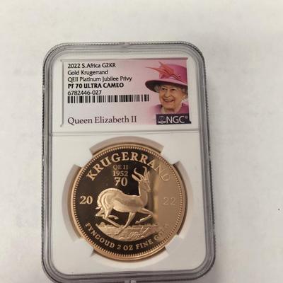 2022 2 OZ Gold KRUGERRAND WITH PRIVY MARK PLATINUM JUBLIEE PF 70 UCAM