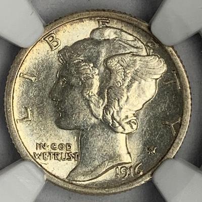 1916-D Mercury Head Dime, AU 58 FB, NGC (9410)