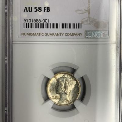 1916-D Mercury Head Dime, AU 58 FB, NGC (9410)