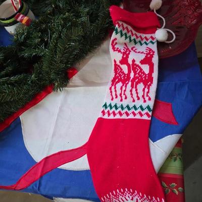 Huge Holiday Décor & Gift Lot – Linens, Lights, Tinsel Tree, Garland. classic red truck & More! All in a 65-quart Latch Box tote!