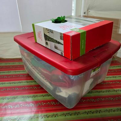 Huge Holiday Décor & Gift Lot – Linens, Lights, Tinsel Tree, Garland. classic red truck & More! All in a 65-quart Latch Box tote!