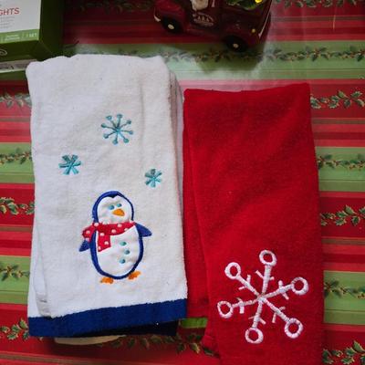 Huge Holiday Décor & Gift Lot – Linens, Lights, Tinsel Tree, Garland. classic red truck & More! All in a 65-quart Latch Box tote!