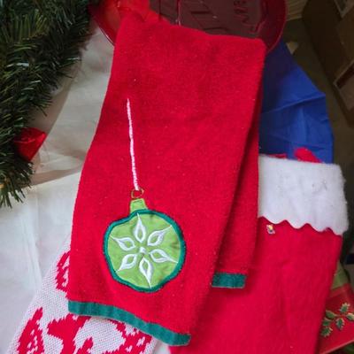 Huge Holiday Décor & Gift Lot – Linens, Lights, Tinsel Tree, Garland. classic red truck & More! All in a 65-quart Latch Box tote!
