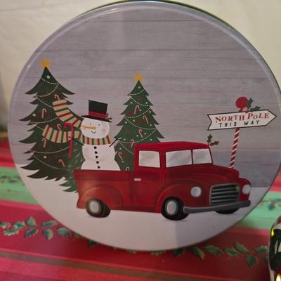Huge Holiday Décor & Gift Lot – Linens, Lights, Tinsel Tree, Garland. classic red truck & More! All in a 65-quart Latch Box tote!
