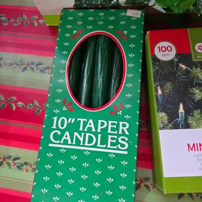 Huge Holiday Décor & Gift Lot – Linens, Lights, Tinsel Tree, Garland. classic red truck & More! All in a 65-quart Latch Box tote!