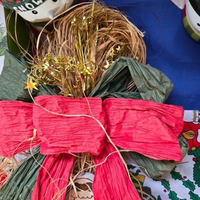 Huge Holiday Décor & Gift Lot – Linens, Lights, Tinsel Tree, Garland. classic red truck & More! All in a 65-quart Latch Box tote!