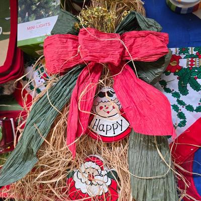 Huge Holiday Décor & Gift Lot – Linens, Lights, Tinsel Tree, Garland. classic red truck & More! All in a 65-quart Latch Box tote!