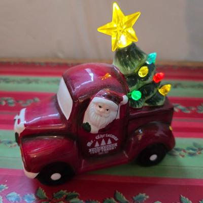Huge Holiday Décor & Gift Lot – Linens, Lights, Tinsel Tree, Garland. classic red truck & More! All in a 65-quart Latch Box tote!