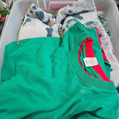 Huge Holiday Décor & Gift Lot – Linens, Lights, Tinsel Tree, Garland. classic red truck & More! All in a 65-quart Latch Box tote!