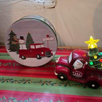 Huge Holiday Décor & Gift Lot – Linens, Lights, Tinsel Tree, Garland. classic red truck & More! All in a 65-quart Latch Box tote!