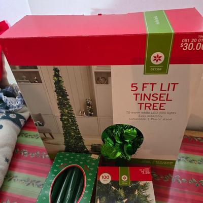 Huge Holiday Décor & Gift Lot – Linens, Lights, Tinsel Tree, Garland. classic red truck & More! All in a 65-quart Latch Box tote!