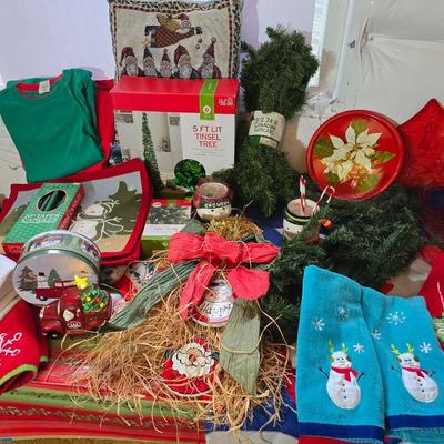 Huge Holiday Décor & Gift Lot – Linens, Lights, Tinsel Tree, Garland. classic red truck & More! All in a 65-quart Latch Box tote!