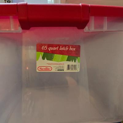 Huge Holiday Décor & Gift Lot – Linens, Lights, Tinsel Tree, Garland. classic red truck & More! All in a 65-quart Latch Box tote!